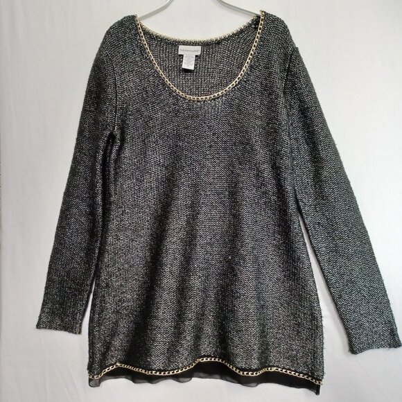 Soft Surroundings Sweater Black Metallic Gold Tone Chain Chiffon Hem Womens Med - Picture 1 of 9